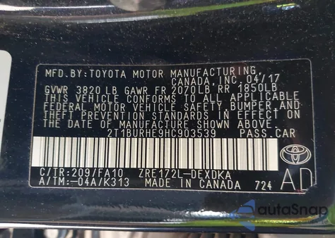 2017 Toyota Corolla L из США, поврежденный, VIN 2T1BURHE9HC903539